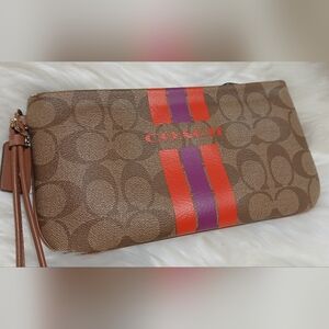 Coach Brown Sign. Wristlet with Orange and Purple Accents